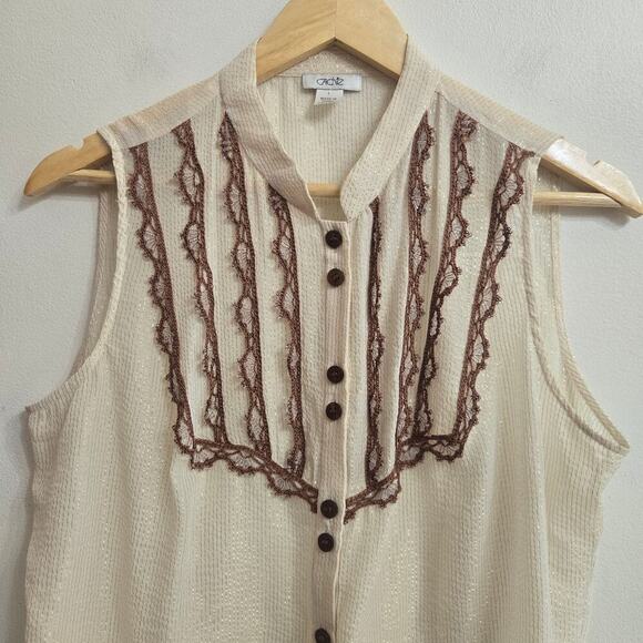 Cache Women Silk Metallic Sheer Lace Button Top L Boho Western Prairie Victorian - Picture 2 of 10